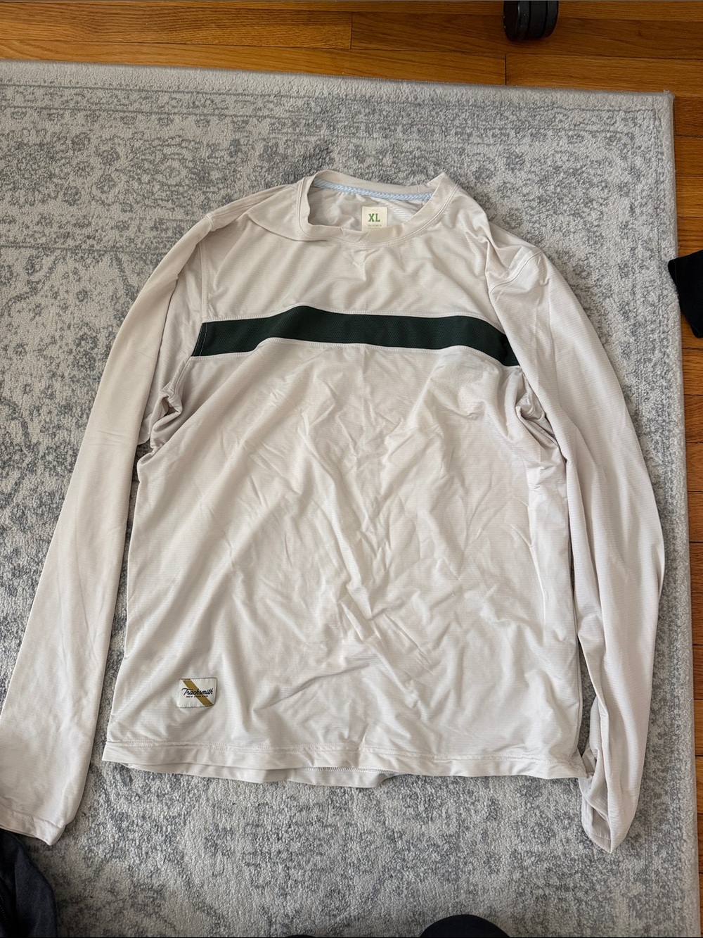 Tracksmith Light Beige Long-Sleeve Shirt with Dark Green Chest Stripe